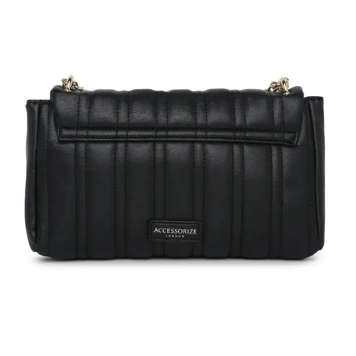 Accessorize London Women's Faux Leather Black Carrie Chain Quilt Sling Bag