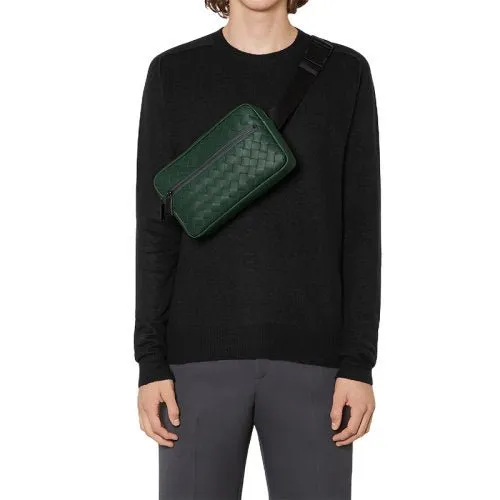 Bottega Veneta Pine Green Braided Calfskin Zipper Chest - Waist Bag