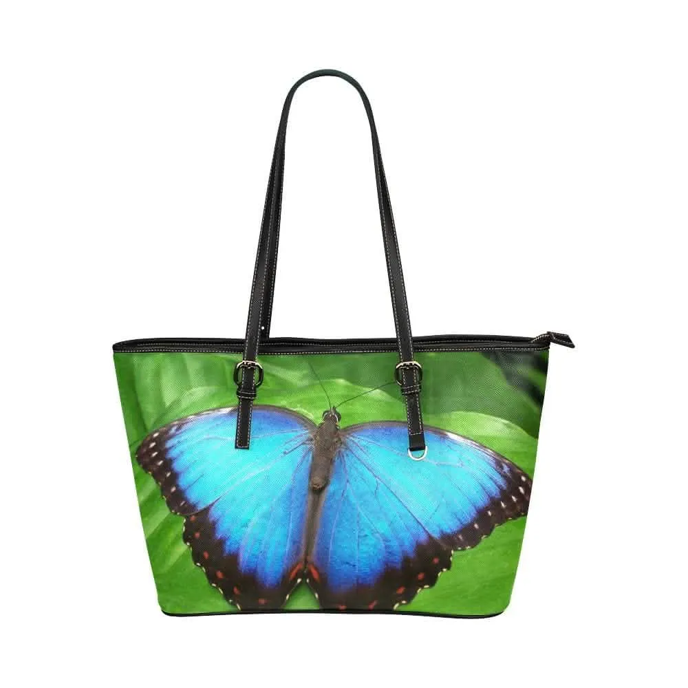 Chic Blue Butterfly Large Leather Tote Bag