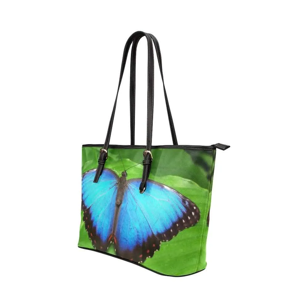 Chic Blue Butterfly Large Leather Tote Bag