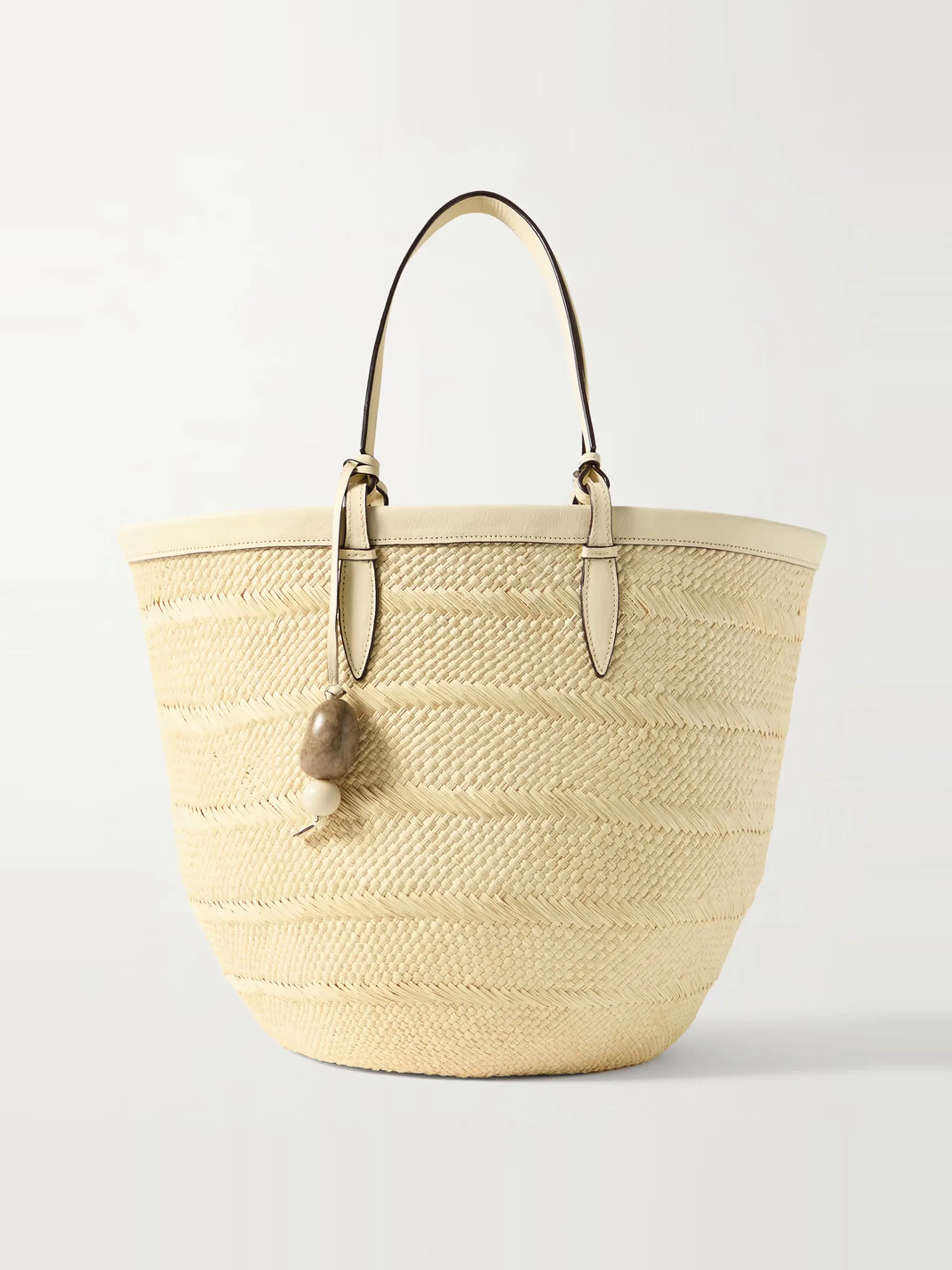 Medium leather-trimmed woven iraca tote