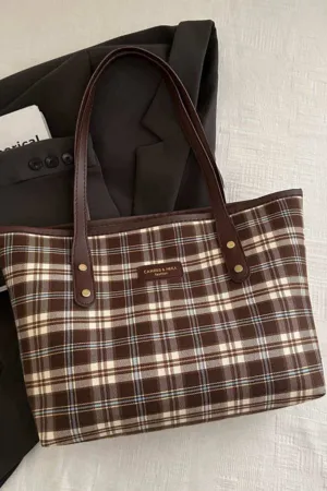 Plaid Leather Tote Bag  For Women