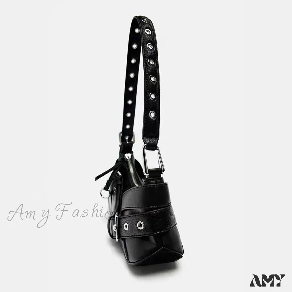 School Bag Fashion Punk Skeleton Rivet Black PU Backpack Y2K Chain Goth Women Leather