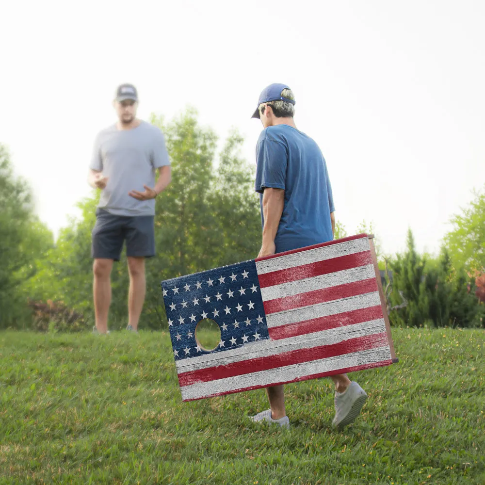 White Rustic Wood American Flag Sig Pro Cornhole Boards