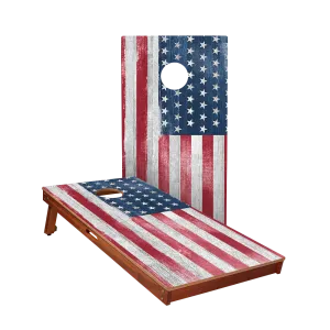 White Rustic Wood American Flag Sig Pro Cornhole Boards